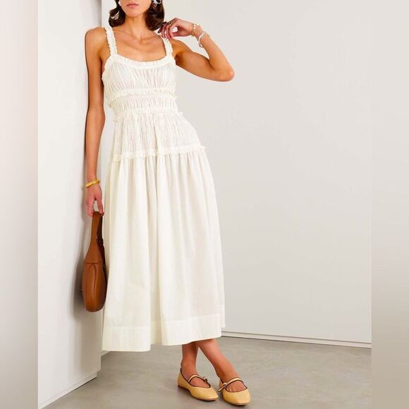 DÔEN Marianne Shirred Organic Cotton-Poplin Midi Dress. Size M. NWOT